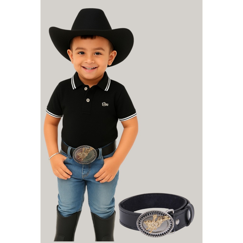 Detalhes do Cinto Infantil Estilo Cowboy Rodeio | Fivela Country Cavalo | Preto de 1 a 12 anos