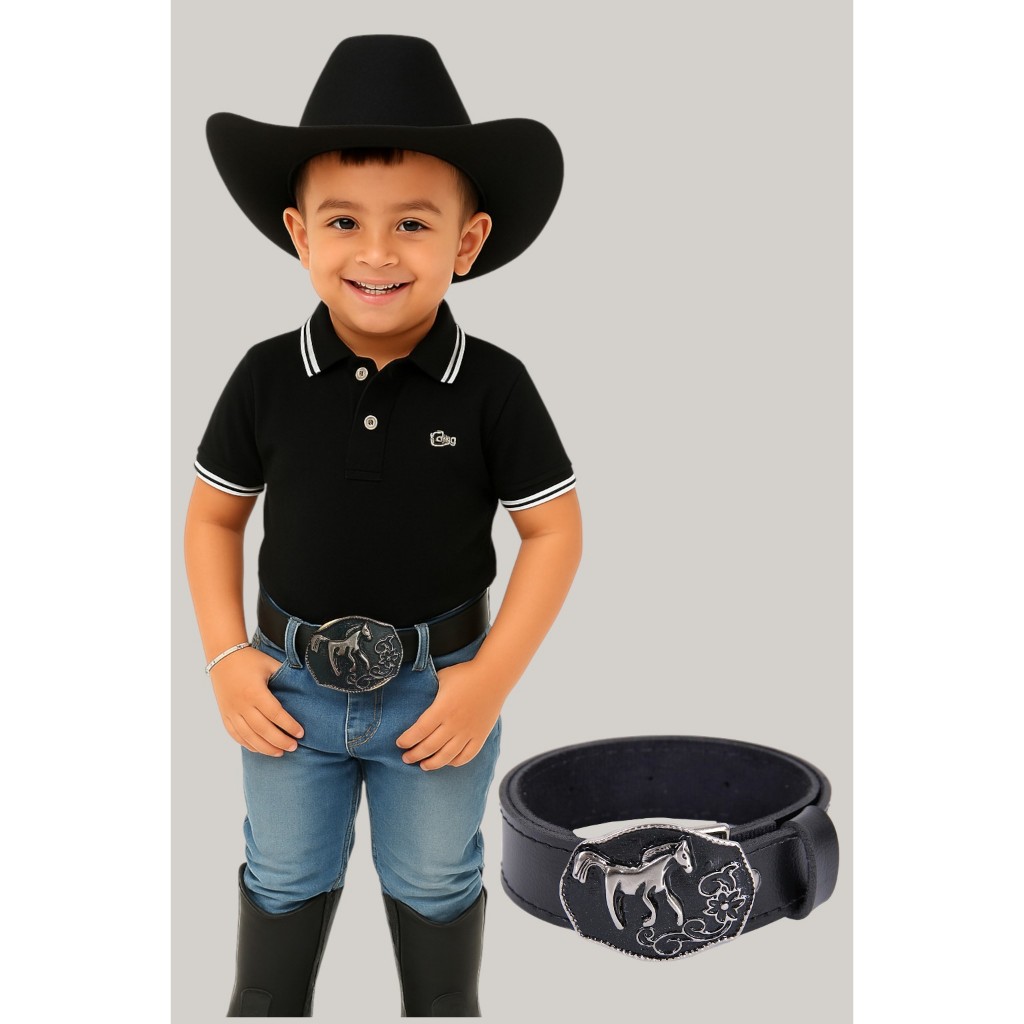 Cinto Infantil Estilo Cowboy Rodeio | Fivela Country Cavalo | Preto de 1 a 12 anos em Oferta na Shopee