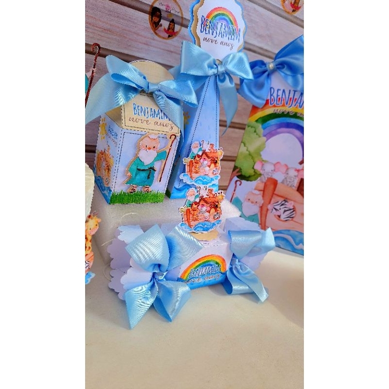kit festa personalizado Tema  Biblico Menino  Lembrancinhas Aniversário Papelaria Criativa com Laço Azul kit arca de noé