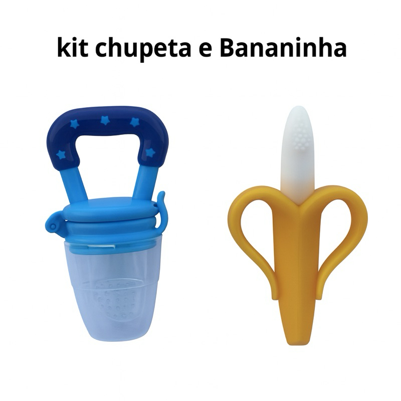 Kit Chupeta Alimentadora + Bananinha Mordedora Bebê Infantil Frutas Tampa Higiênica Bico Mamadeira