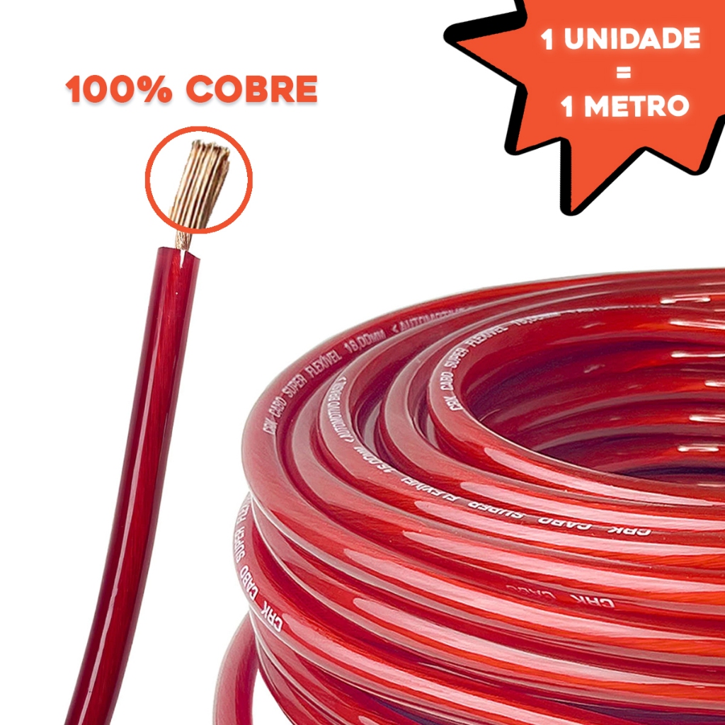 Cabo De Bateria CRK Technoise 16mm Puro Cobre Fio Alimentação Som Automotivo Amplificador **VALOR DO METRO**