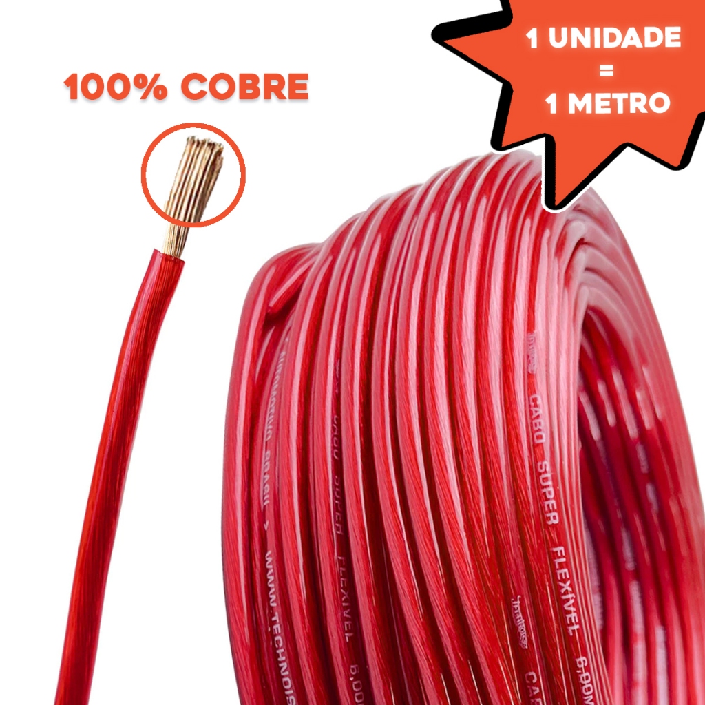 Cabo De Bateria Technoise 6mm 100% Puro Cobre Fio Alimentação Som Automotivo Amplificador **VALOR DO METRO**