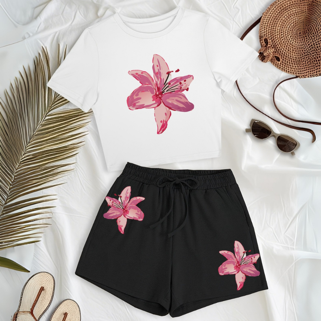 Conjuntinho Feminino De Verão Floral Cropped + Short Moletom Tecido Algodão