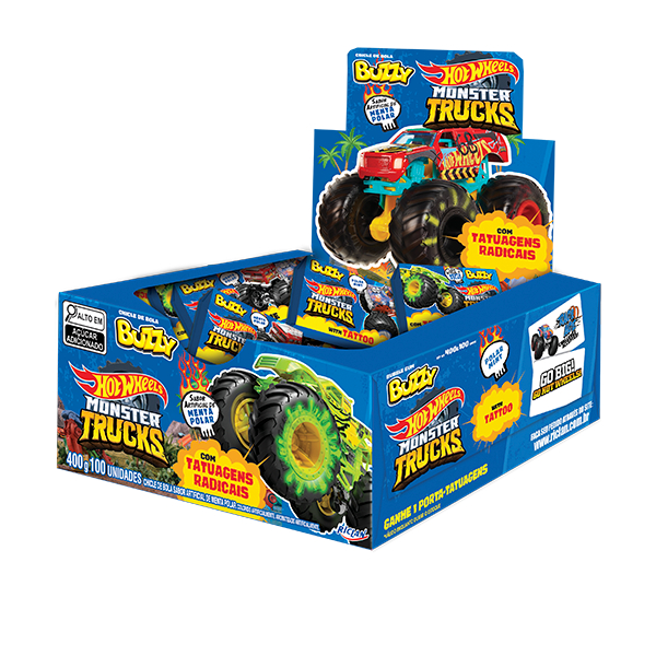 1 Display de Chiclete Menta Polar Hot Wheels com Tatuagens - Buzzy - 90 Unid