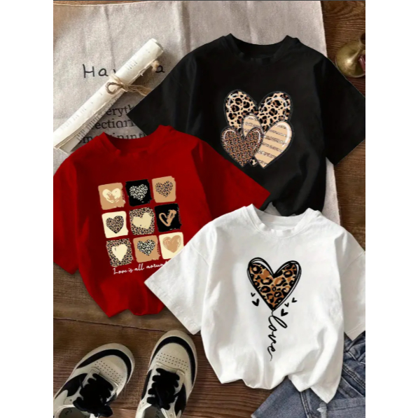 Kit 3 Camiseta Feminina Minimalista Camisa T-shirt 100% Algodão Estampa Coração em Oferta na Shopee