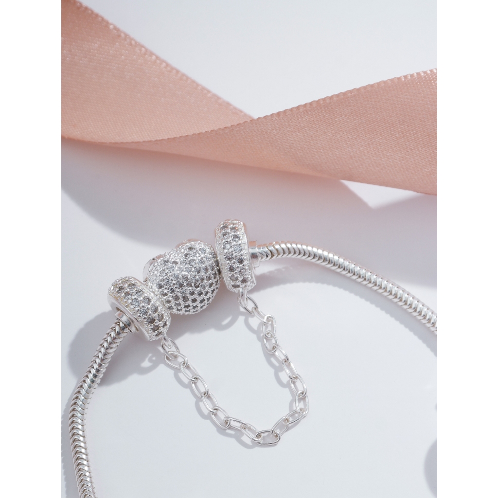Kit Pulseira p/ berloques / charm fecho em coração c/ zircônias + trava de segurança cravejada em prata legitima 925