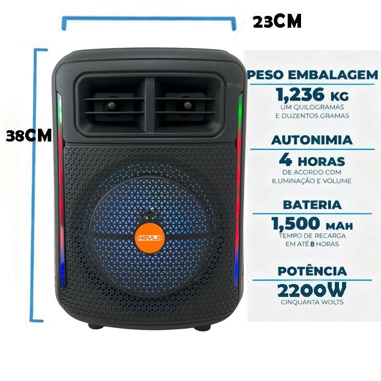 Caixa de Som Bluetooth Portátil c/Microfone Potente 2200w LED RGB IPX6 USB TWS FM para Festa