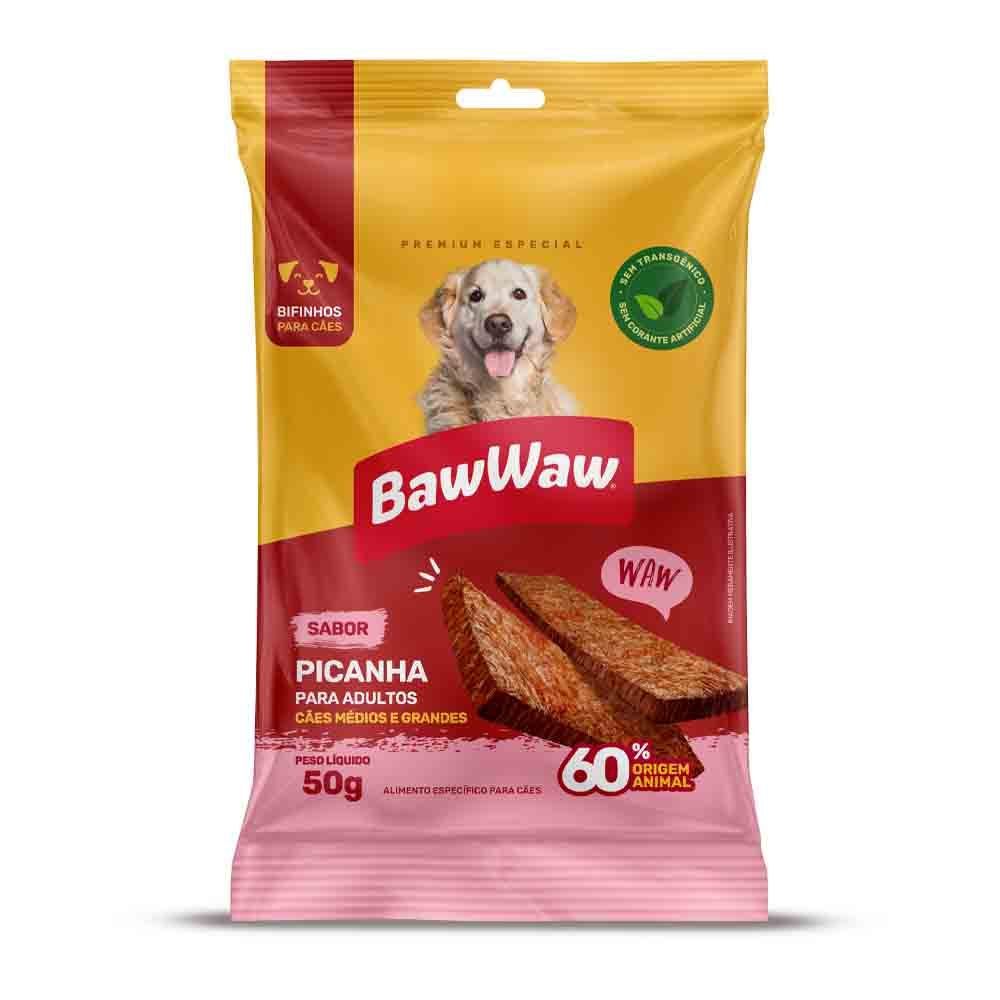 bifinho petisco snack sabor picanha Baw Waw p/ cães adultos médio e grande porte 50g