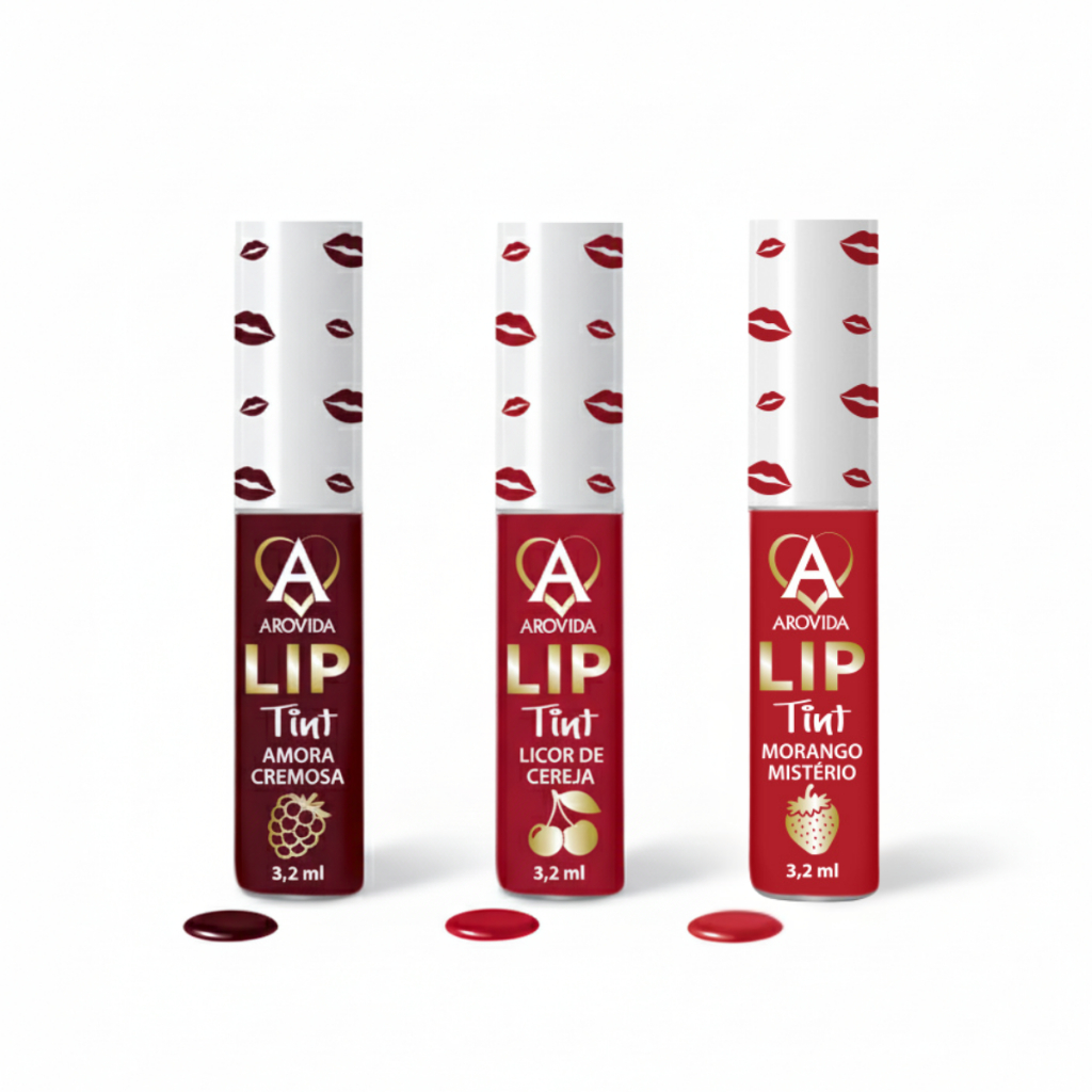 Kit com 3 Lip Tint Batom Efeito Natural Sombra Blush Maquiagem Longa Duração Alta Pigmentação Make Arovida