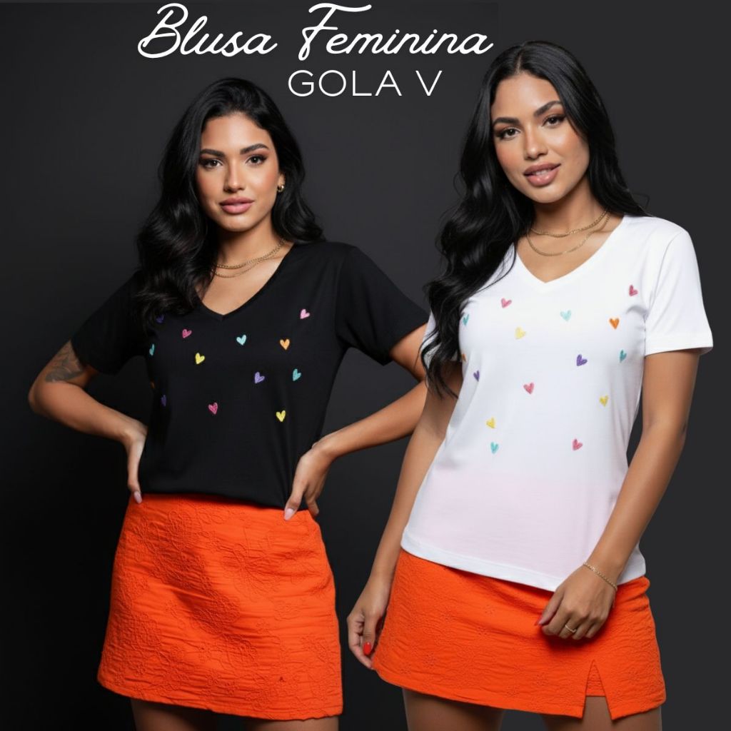 Blusa Feminina Gola V Bordados de Coração Coloridos 100% Algodão em Oferta na Shopee