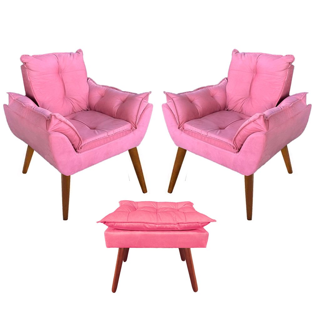 02 Poltronas Cadeiras Decorativas Com Puff Redondo Decoração Sala de Estar