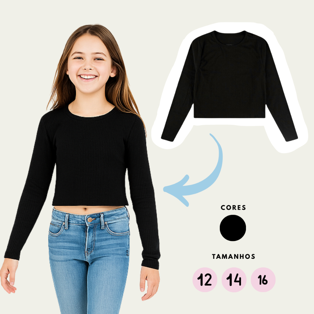 Blusa Cropped Canelada Manga Longa Gola Rodonda Infantil Juvenil Menina Feminino Tamanho 12 ao 16