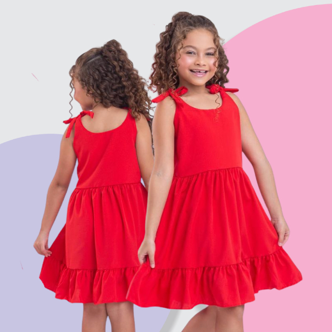 Vestido Infantil menina Liso Vermelho Casual festa Natal luxo