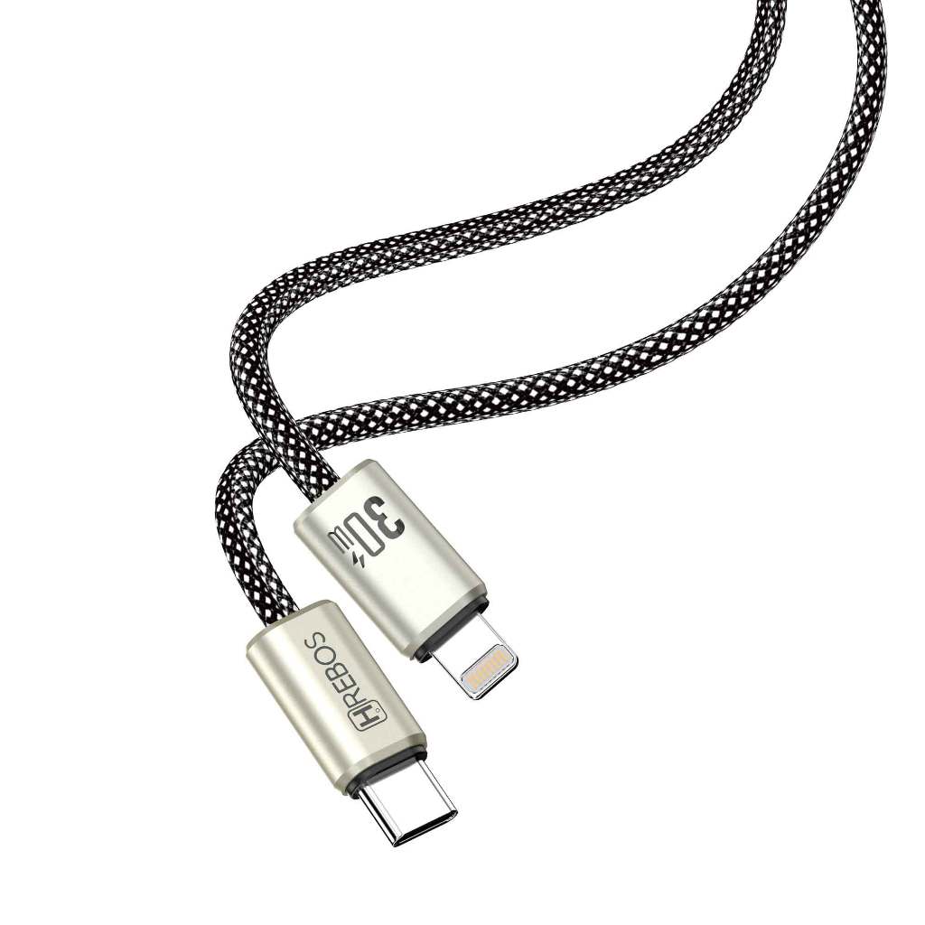 Cabo Power Link Turbo Tipo-c para iPhone Lightning HREBOS 2 metros Preto Nylon trançado 30W Potência CB-391L