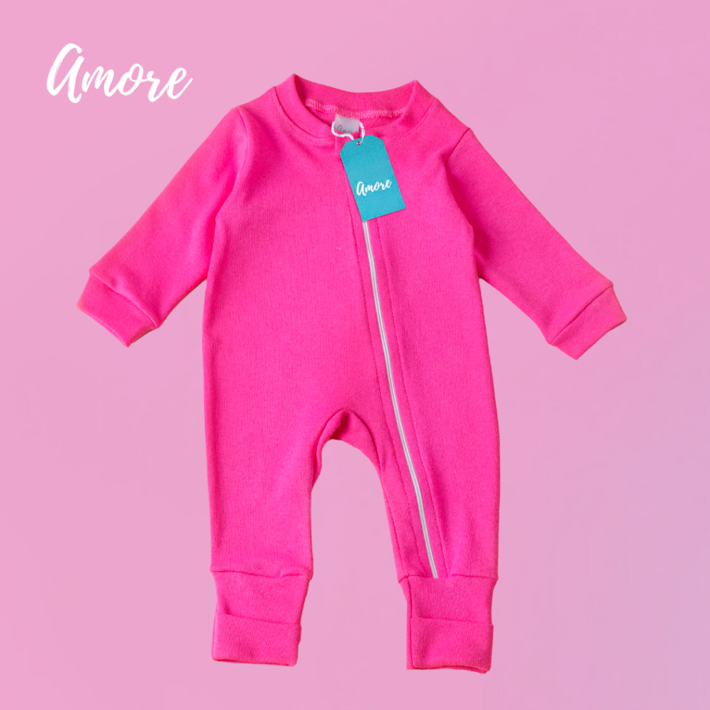 Macacão de Bebê Amore Vira Pé Pink Com Zíper 100% Algodão