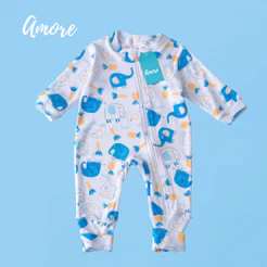 Macacão de Bebê Menino Amore Vira Pé Elefante Azul Com Zíper Recem Nascido a 12 meses 100% Algodão