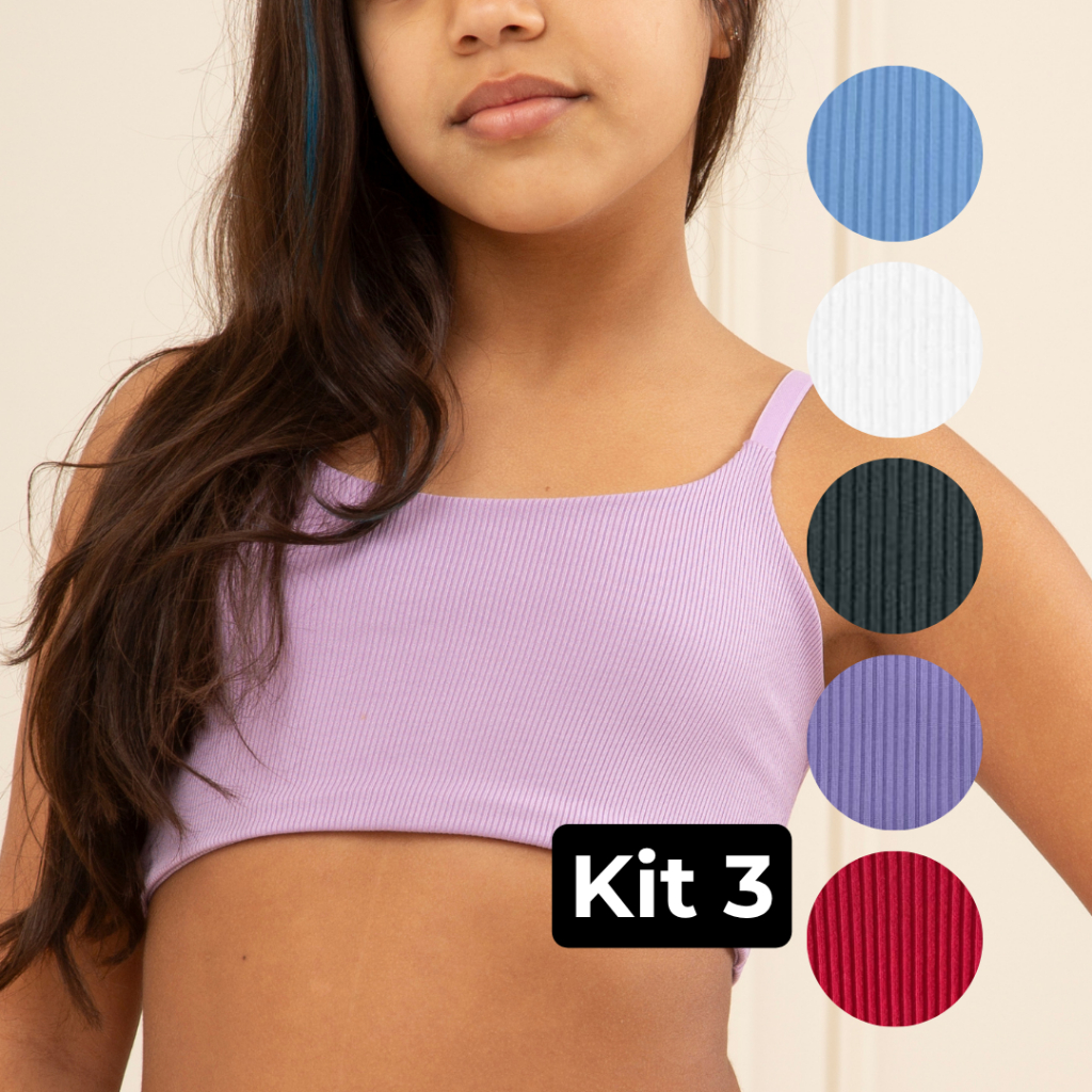 KIT 3 Top Juvenil Menina Moça Sem Bojo Sutiã Top Canelado Suede Confort