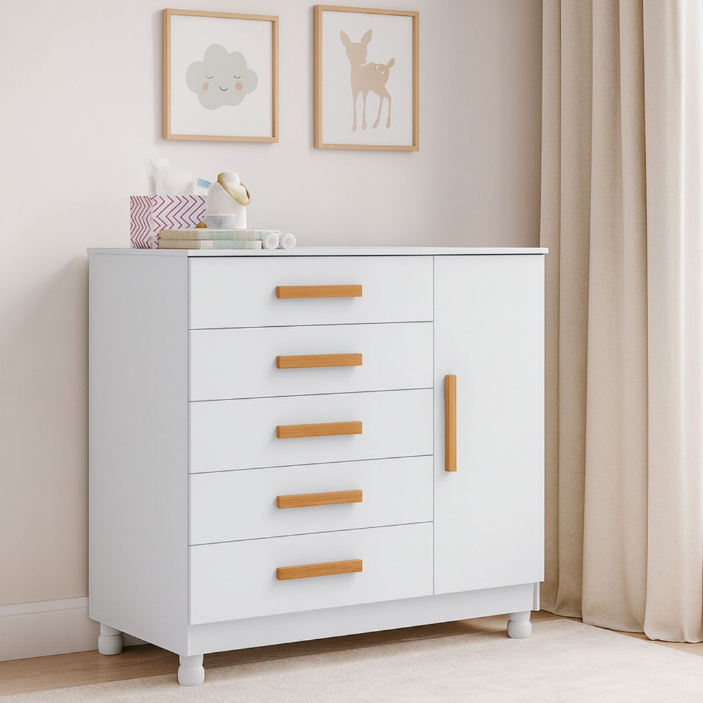 Cômoda para Quarto de Bebê  MDF com 5 Gavetas e 1 Porta Nichos interno Design Moderno e Espaçosa