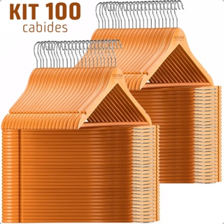 KIT Cabide de Madeira 100 Marfim Reforçado Roupa Antiderrapante Gancho de Metal Camisa Calça Vestido em Oferta na Shopee