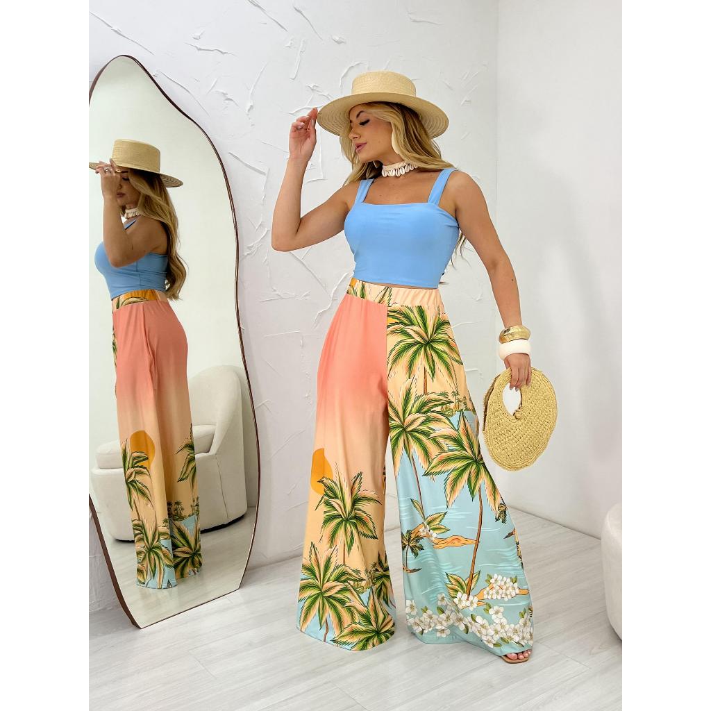 CALÇA PANTALONA BI  - calça feminina estampada longa tendencia cores rosa elegante soltinha inspiração