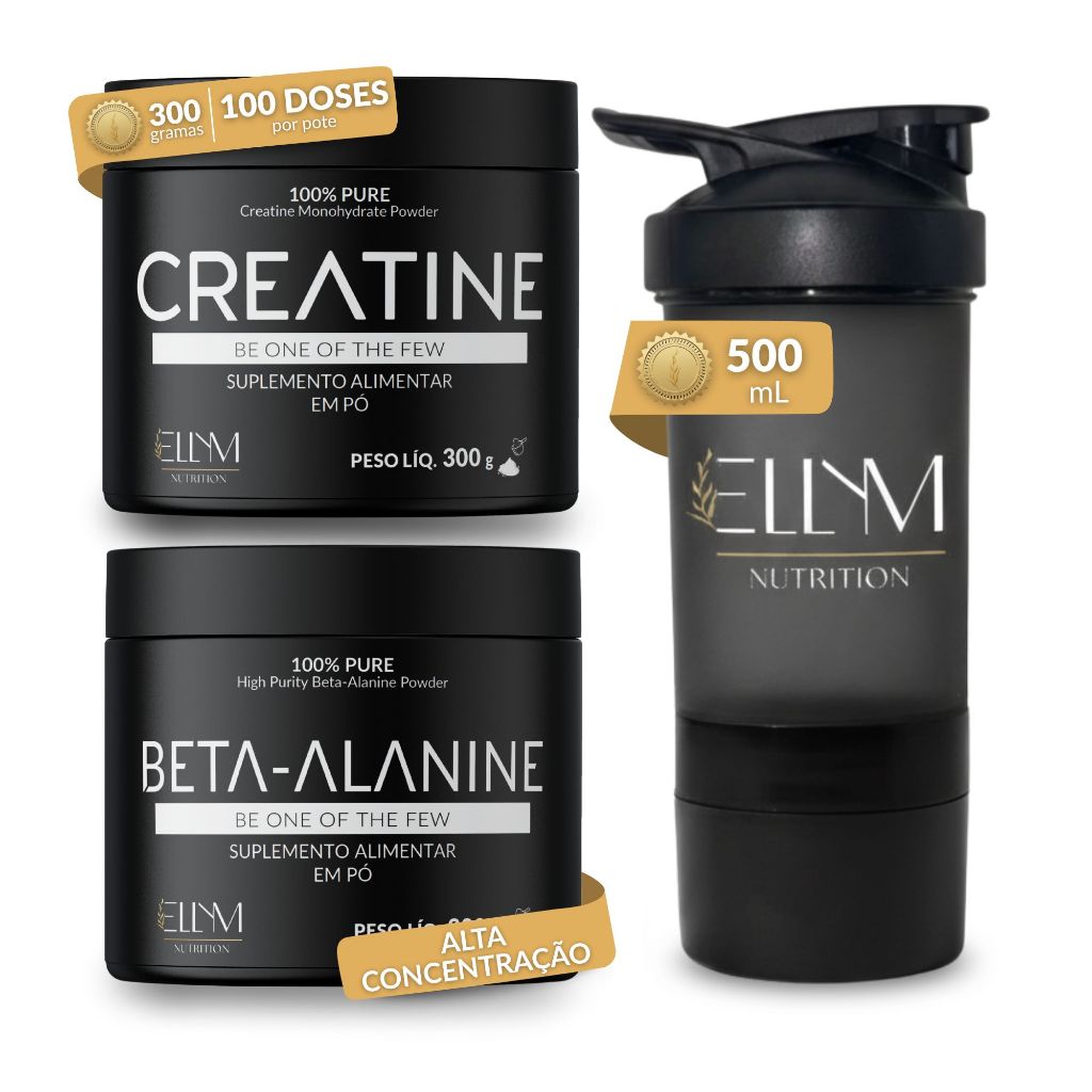 Kit Suplemento Creatina + Beta Alanina + Coqueteleira Ellym Nutriton para Treino Força Resistência