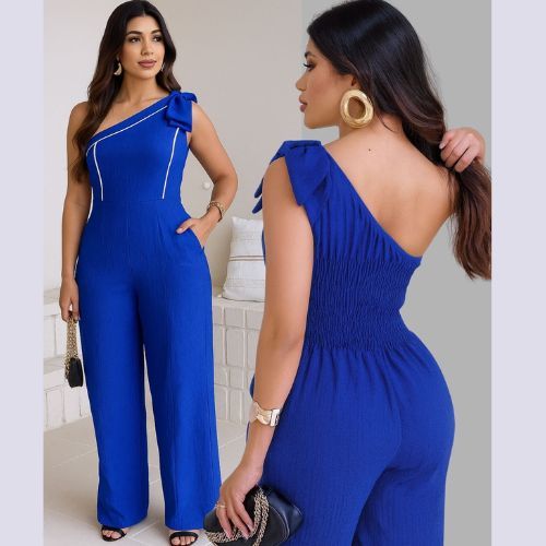 Macacão feminino um ombro só pantalona elegante com laço lateral para festa e uso casual social