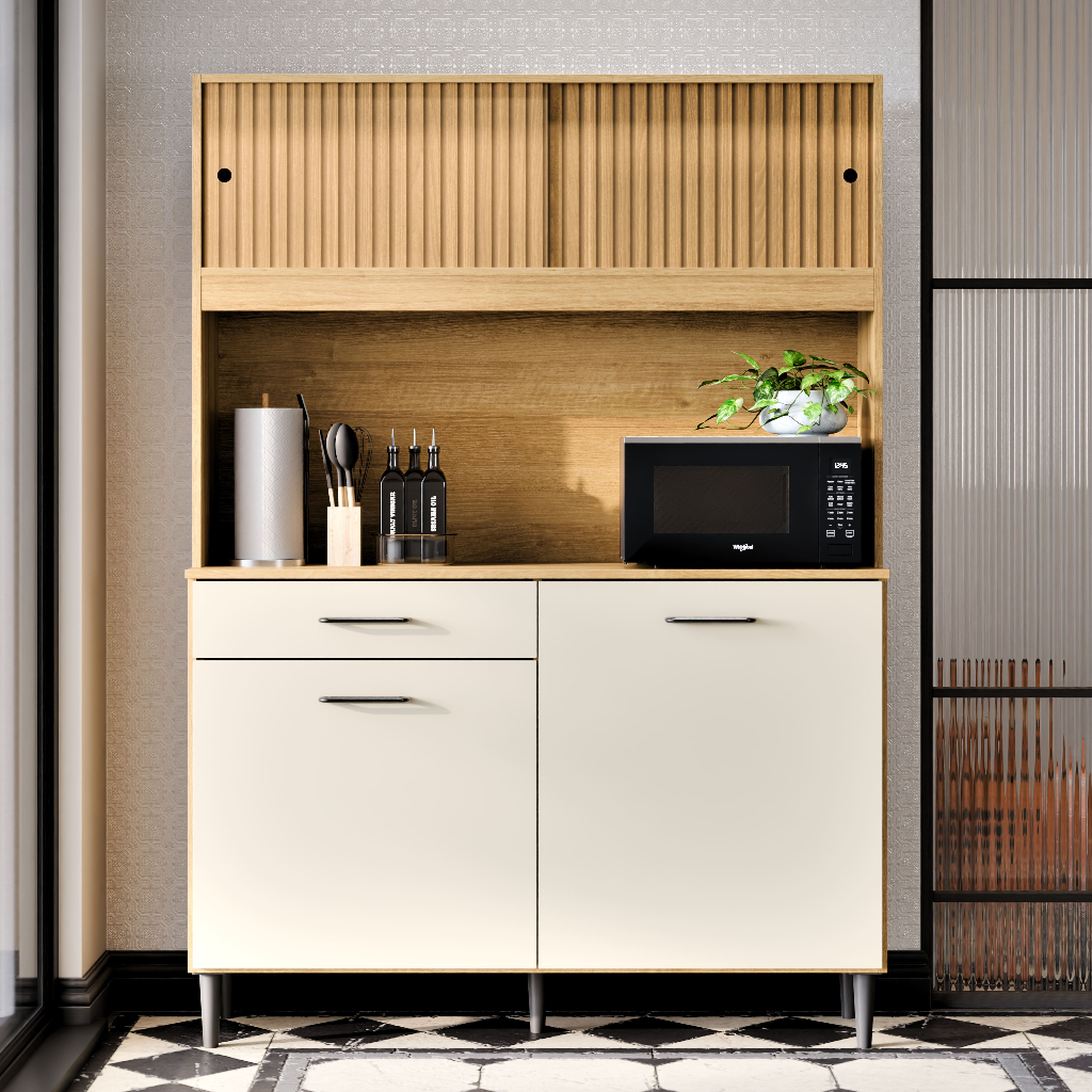 Balcão Armário de Cozinha Compacto Grazi Ripado 4 Portas 1 Gaveta MDF/MDP 90cm em Oferta na Shopee