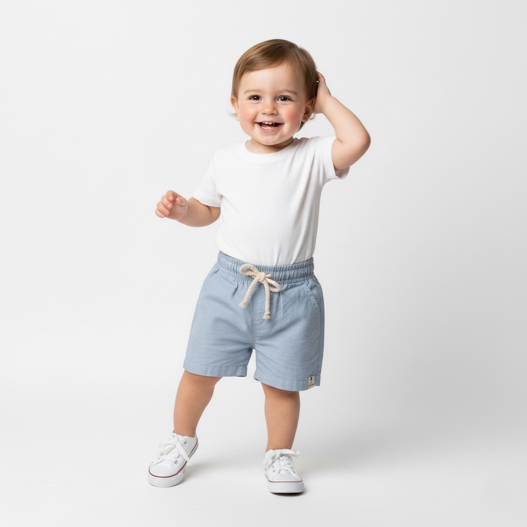 Shorts em Linho Modelo Mauricinho Bebê Menino Confortável Tecido Fresco Cores Azul Menino