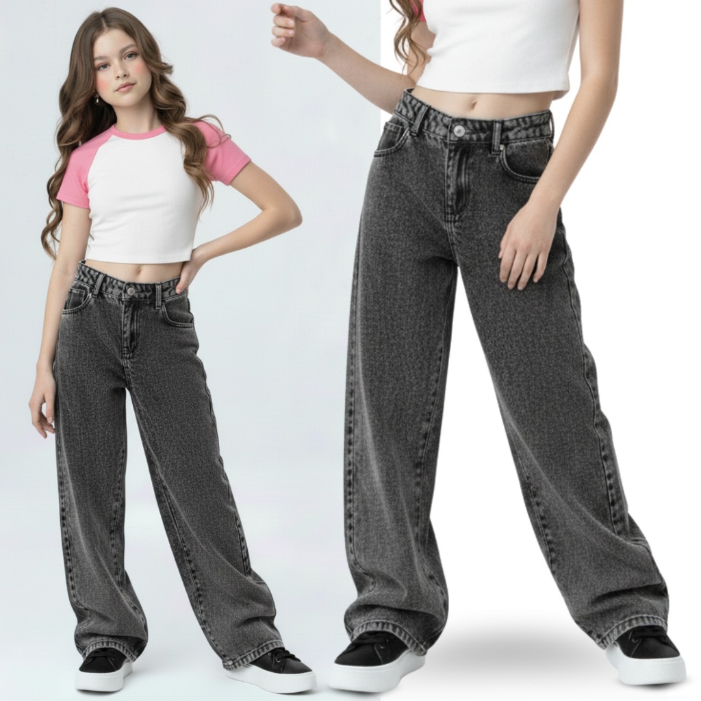 Calça Jeans Wide Leg Meninas c/ Regulagem Marmorizada Preta Grafite 4 ao 16 Barra Larga Pantalona