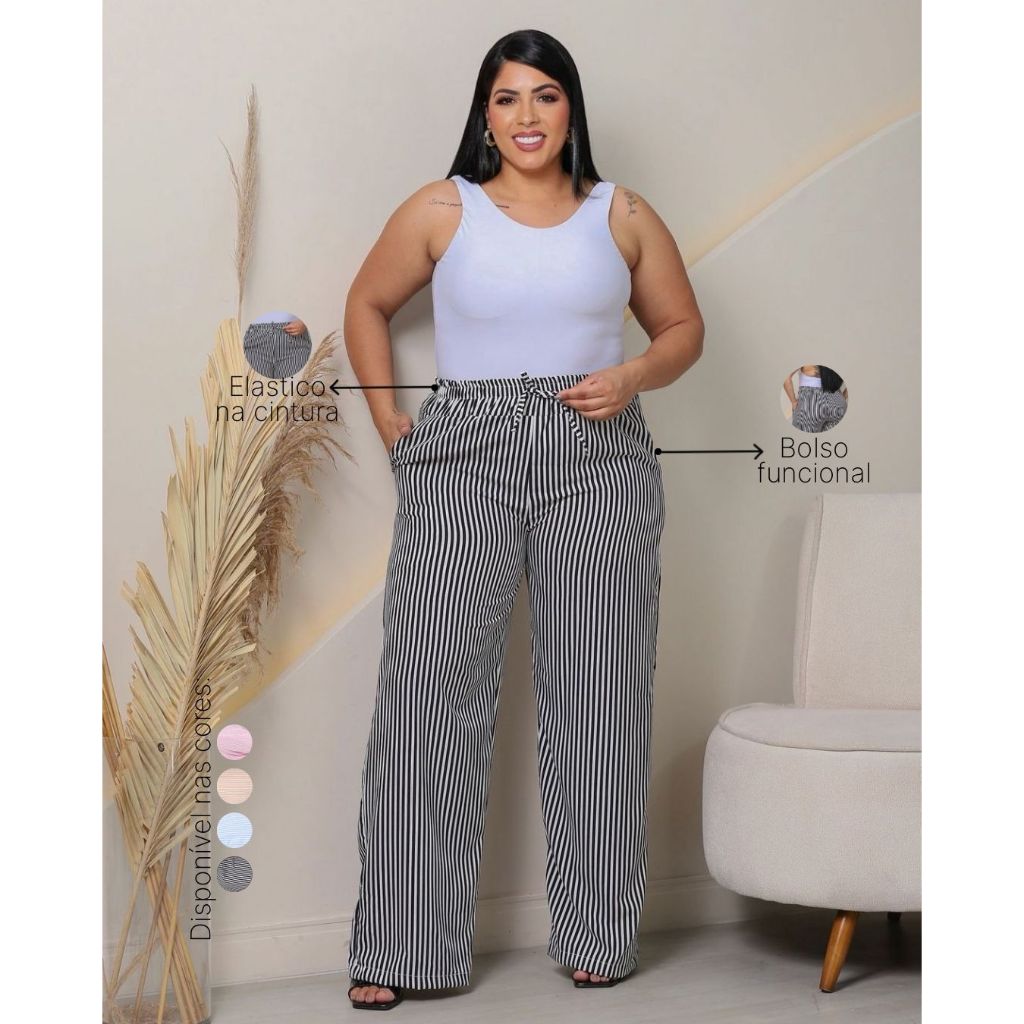 Calça Pantalona em Tecido Duna com Bolsos – Tamanhos GG, G1 e G2 Listrado elegante Casual Bolso
