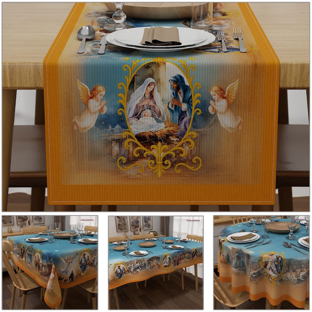 Toalha de Mesa Natal Redonda/Quadrada/Retangular E Caminho - Estampa Religiosa Natalina para Mesa Posta