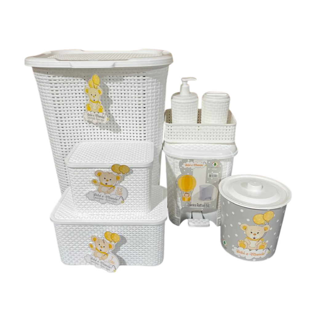 Kit Quarto para Bebê em Rattan:Cesto,Lixeira,Caixas Multiuso,Porta Algodão e Dispensador de Sabonete