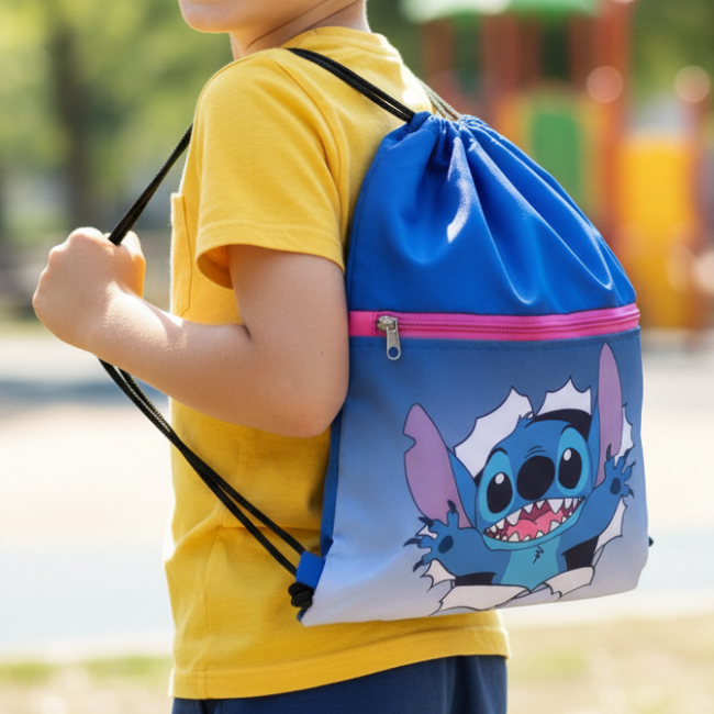 Mochila Infantil Juvenil Escolar Academia Bolsa Estampada Personagens Stitch Cordão Saco