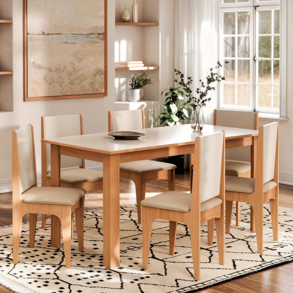 Conjunto Sala de Jantar Mesa Tampo de Madeira 6 Cadeiras Mel Off - Maxi Do Brasil