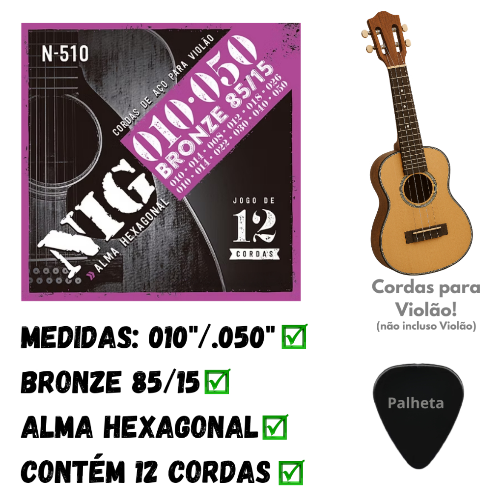 Detalhes do Encordoamento Violão Aço N510 Bronze 12 Cordas + Palheta
