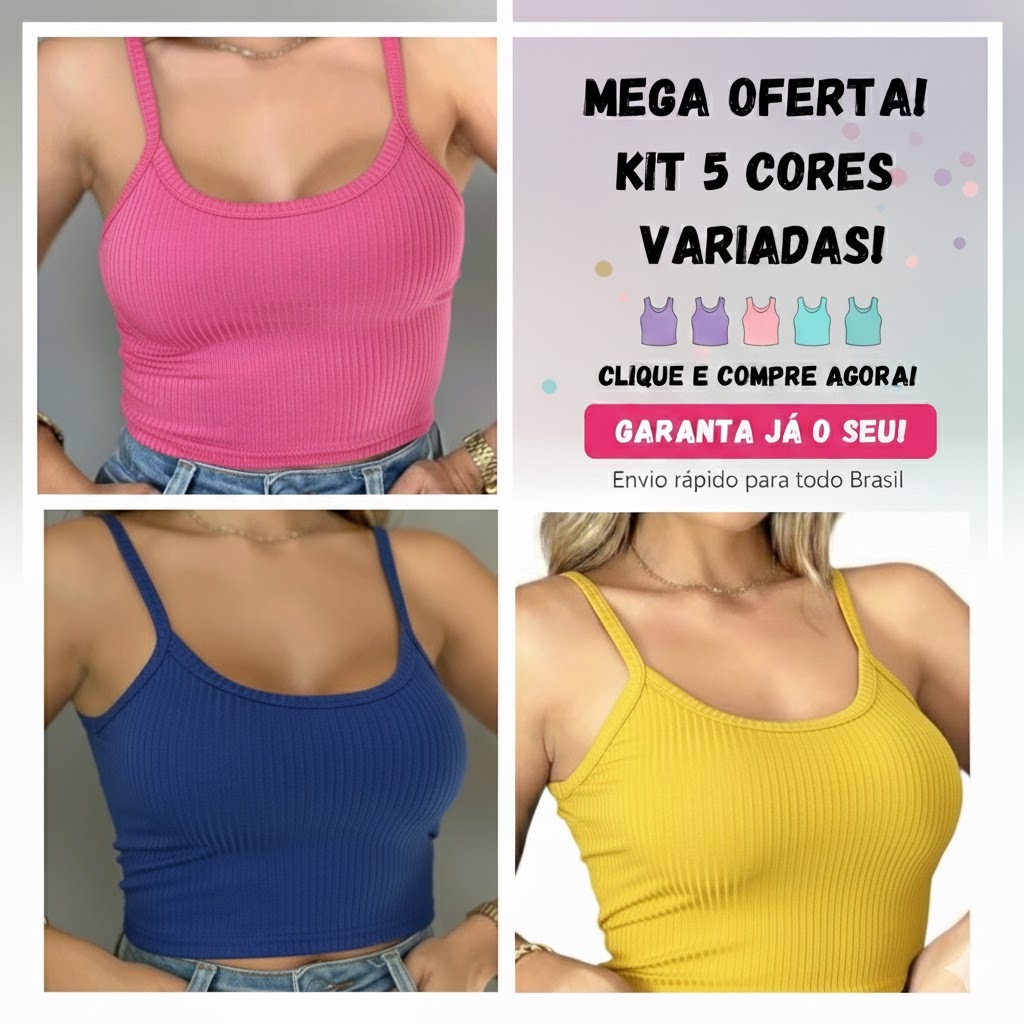 KIT 5 TOP/CROPET ALCINHA CANELADO