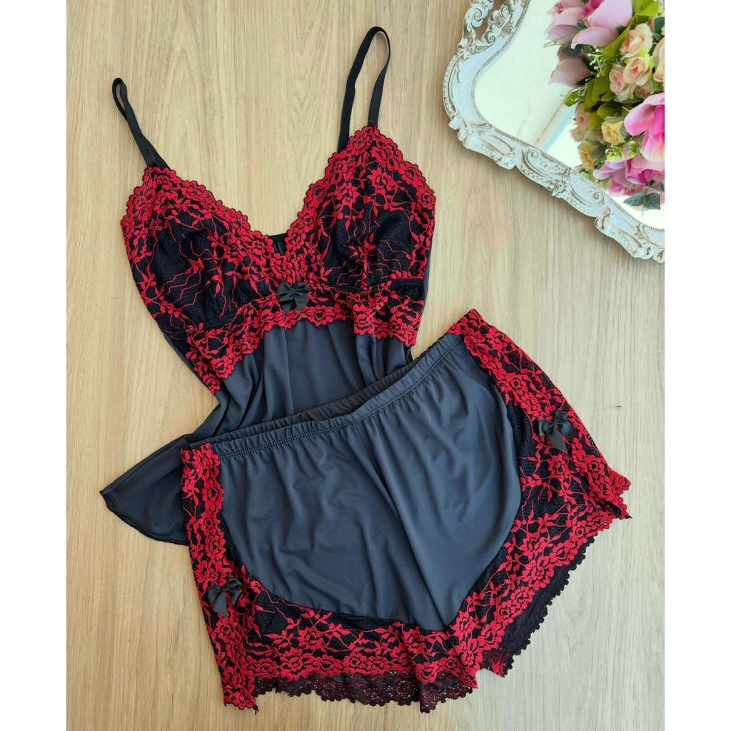Baby Doll Feminino Renda Bicolor Rosa Bebê Renda Preta Conjunto Sexy Sensual Pijama Short Doll