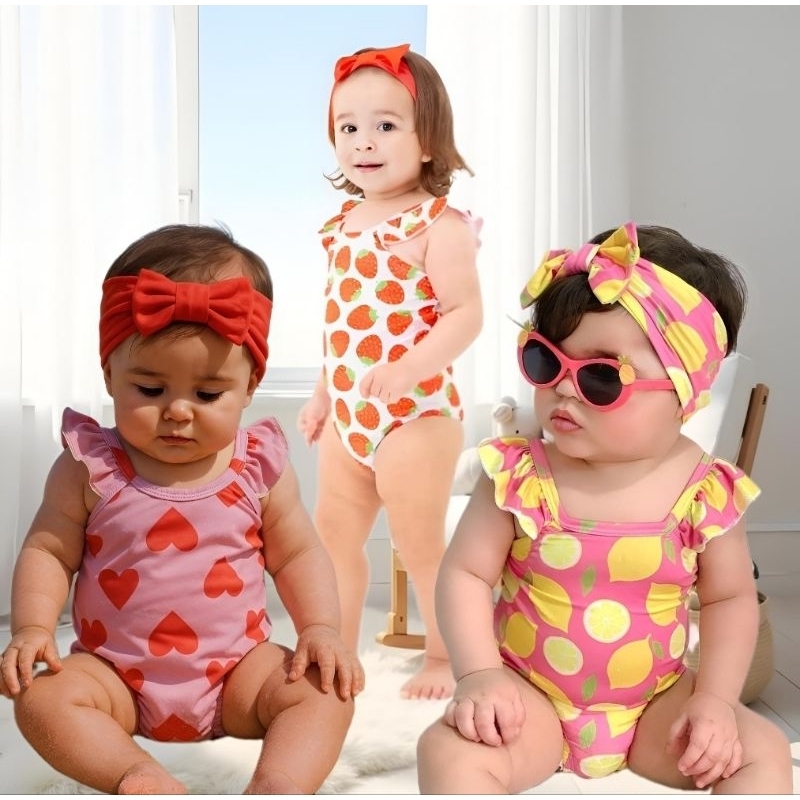 Moda Praia Bebê Infantil Menina Maiô + Faixa de Cabeça Uv50+ em Oferta na Shopee