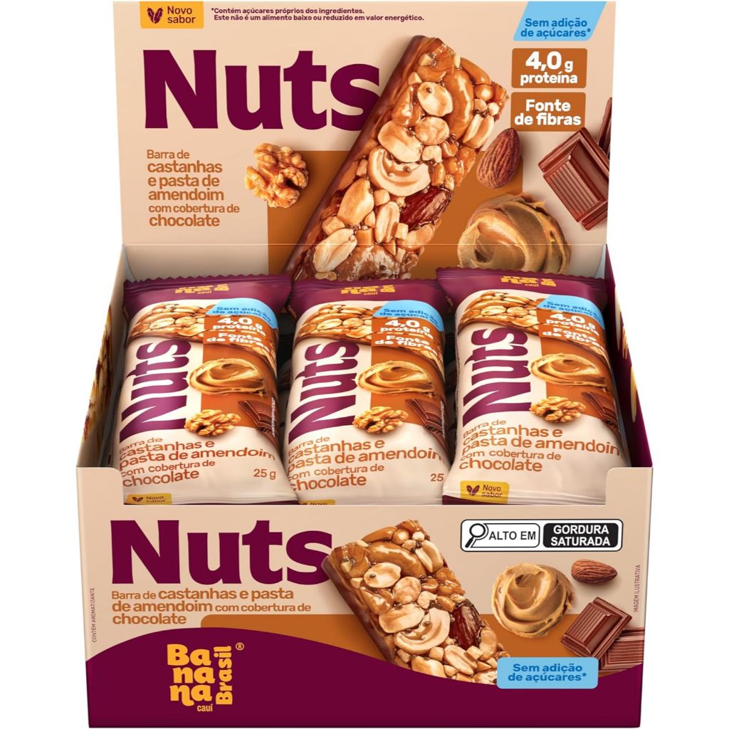 Barra De Castanhas E Pasta De Amendoim Com Cobertura De Chocolate Com 12 Unidades De 25G Banana Brasil em Oferta na Shopee