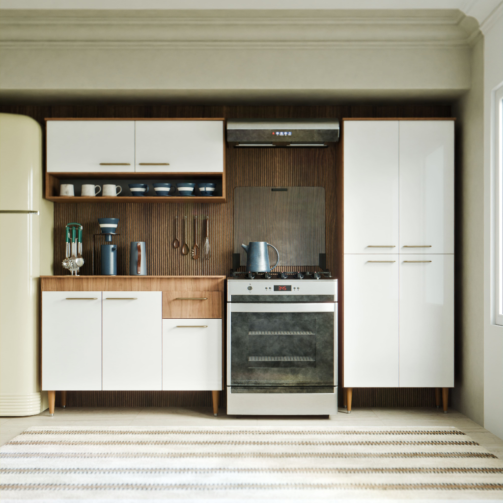 Kit Cozinha Antonella com Aéreo + Balcão 2 Gavetas + Paneleiro 186cm em Oferta na Shopee