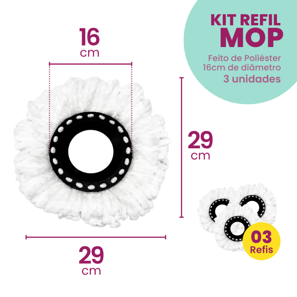 3 Refil De Poliéster Para Mop Giratório 16cm de diâmetro - Kaftor