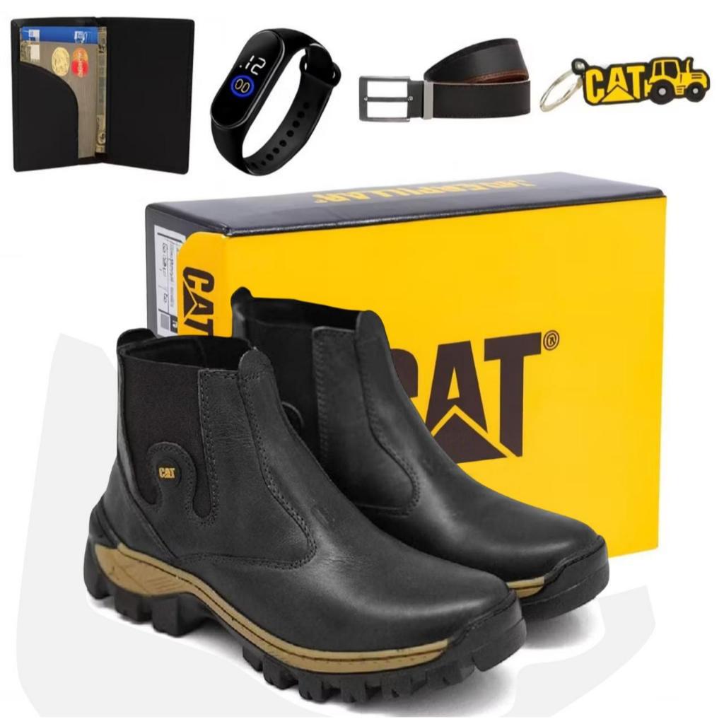 Bota Botina Masculina Cat Impermeável Adventure de Couro Reforçado Solado Costurado Promocao + Relogio Cinto e Carteira em Oferta na Shopee