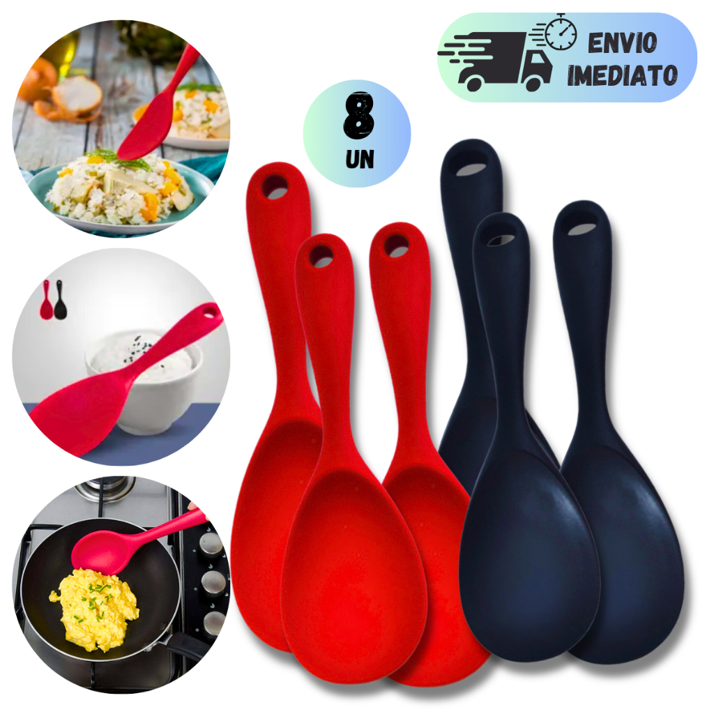 Kit 8 Colher Silicone Servir Redonda Grande Cozinha Restaurante Cabo Antiderrapante Alta Temperatura