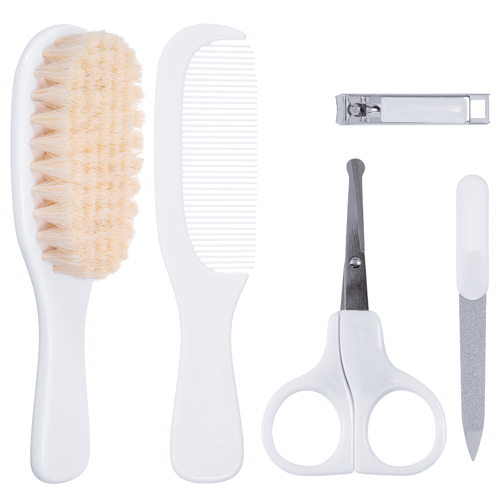 Kit Cuidados Higiene Bebê Escova Pente Tesoura Cortador Unhas Lixa Cerdas Naturais Branco Buba