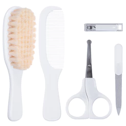Kit Cuidados Higiene Bebê Escova Pente Tesoura Cortador Unhas Lixa Cerdas Naturais Branco Buba