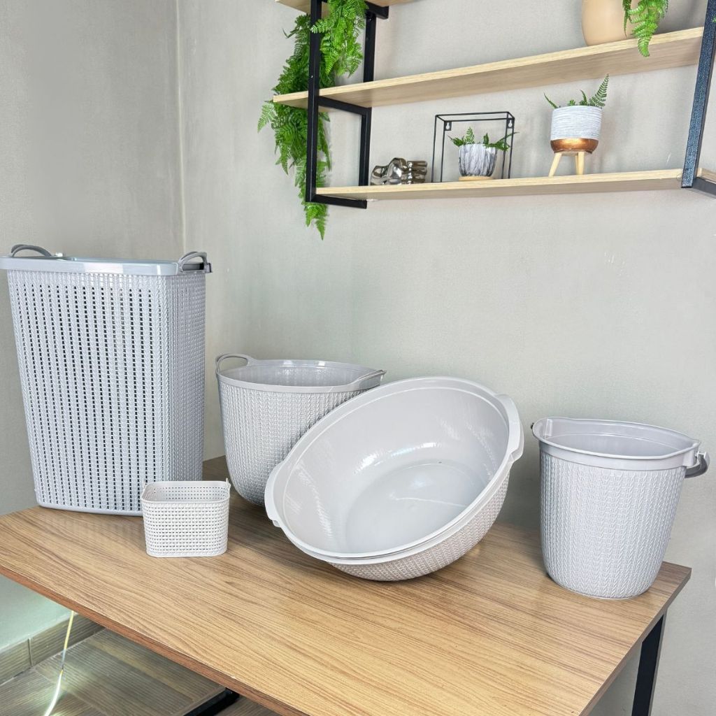 Monte o seu kit de  Organização: Cestos, Balde, Bacia e Cesta de Trama Branca - Solução Ideal para Lavanderia CONCPT