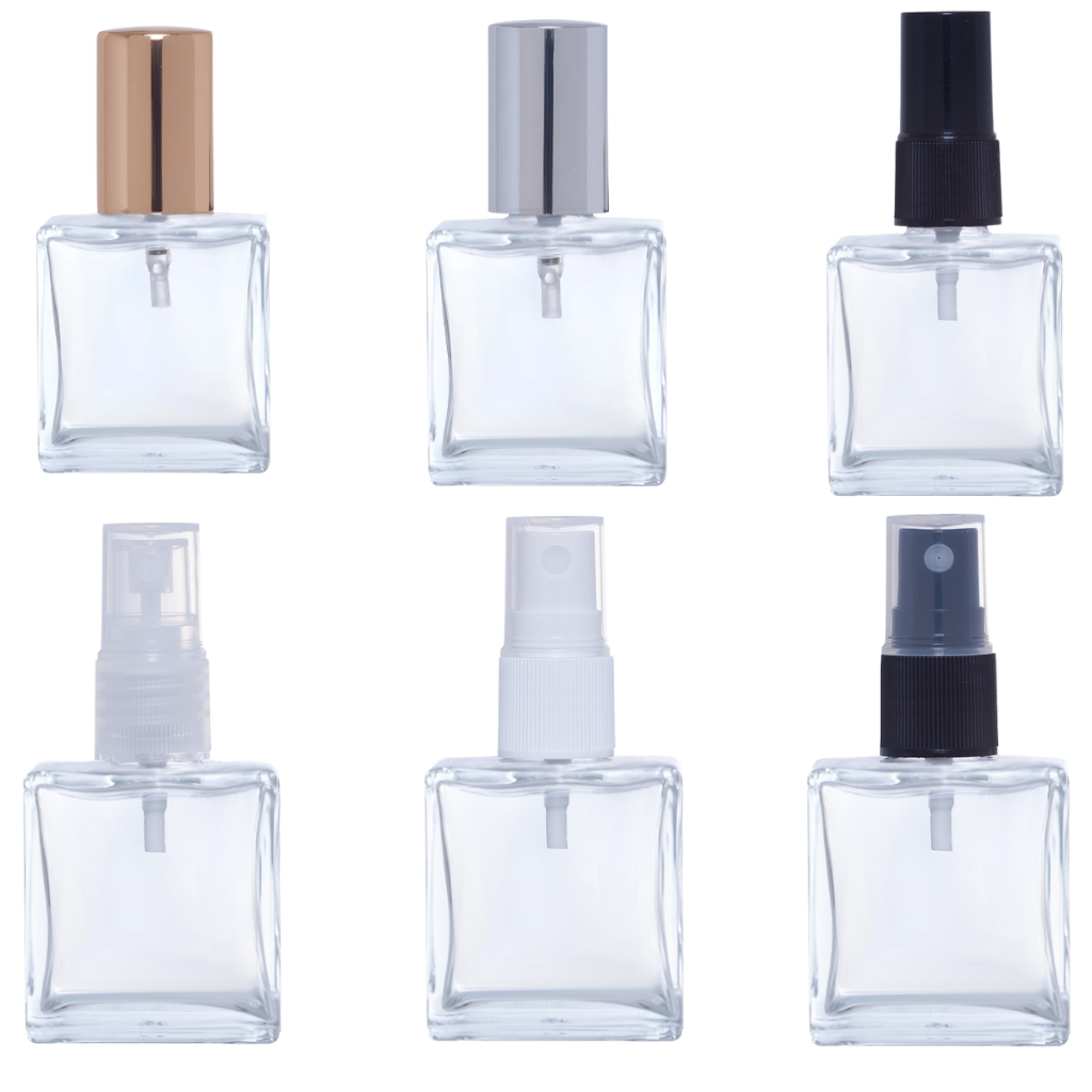 Kit Frasco Vidro Perfume Cubo Premium 50ml C/ Válvula Spray Preto Branco Prata Harmonia Aromas
