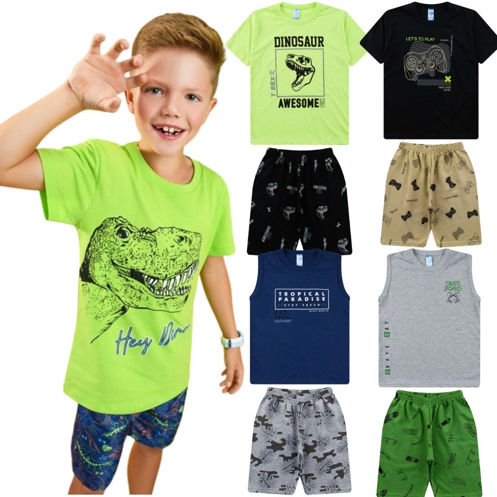 Kit 6 Peças de Roupa Infantil Menino Verão - 3 Conjuntos Menino Infantil Estampas Sortidas - 3 Camisetas + 3 Bermudas