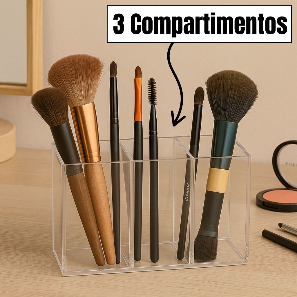 Suporte Porta Pincel Maquiagem Acrílico Compartimentos Pincéis Lápis Bancada Make