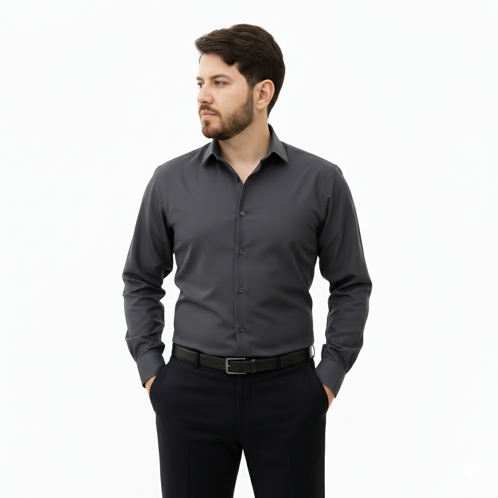 Camisa Social Manga Longa Grafite Lisa Slim Premium Estruturada De Algodão e Poliéster Não Amassa